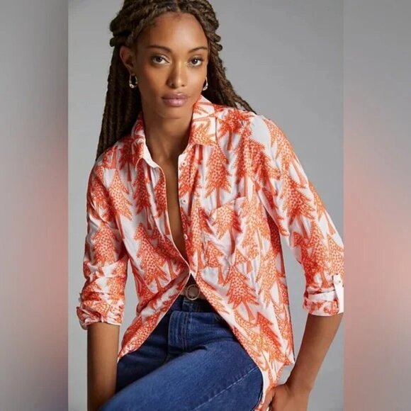 Maeve by Anthropologie Tree Embroidered Roll Tab Sleeve Blouse in Orange 4 - Picture 1 of 10